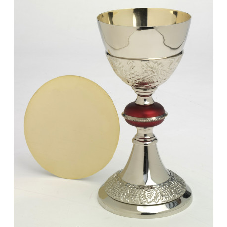 Chalice with red ring + paten - 24 cm (9.4 inches)