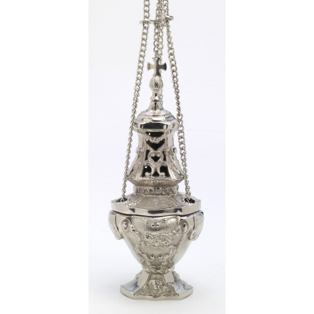 Brass thurible, nickel-plated, cast - 30 cm (11.8 inches)