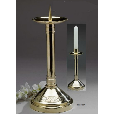 Altar candlestick in brass, decorated, polished - 33 cm (13 inches)